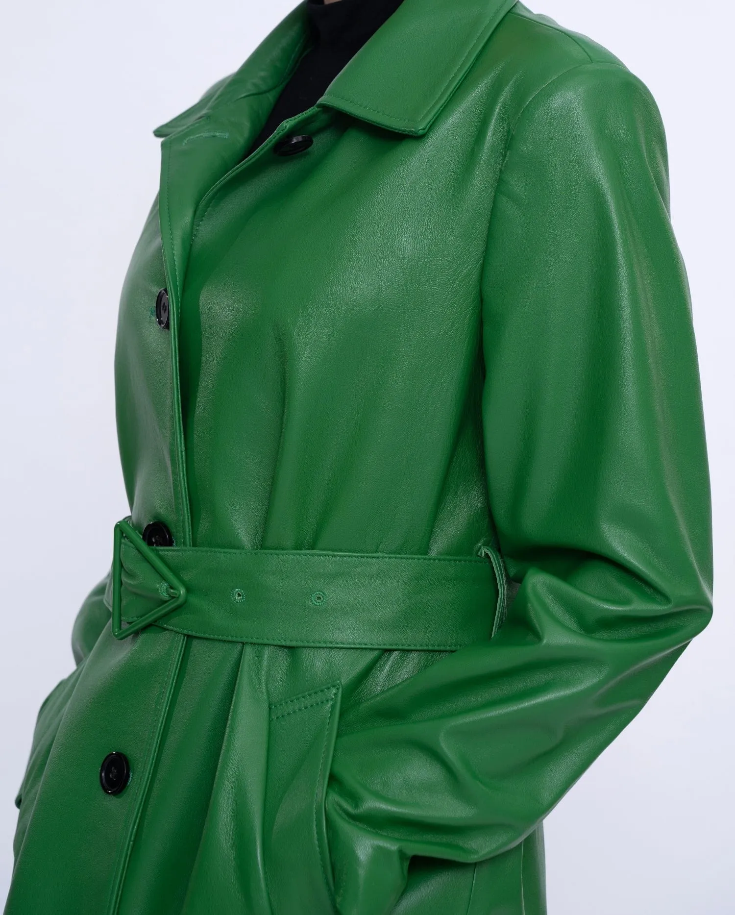 Green Belted Long Leather Trench Coat