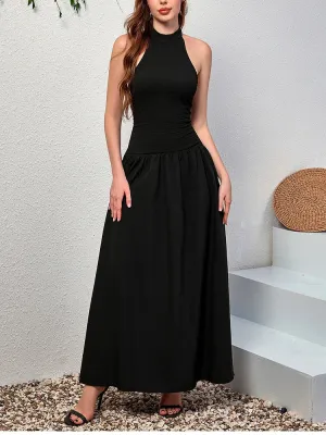 Halter Double Layers Backless Maxi Dress