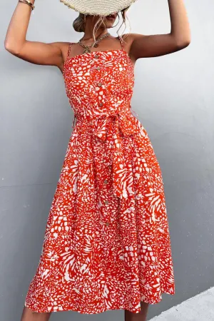 Hazel Blues® | Printed Spaghetti Strap Decorative Button Belted Dress