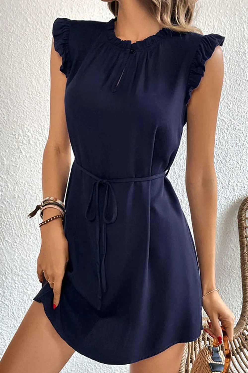 Hazel Blues® | Ruffled Tie-Waist Keyhole Dress