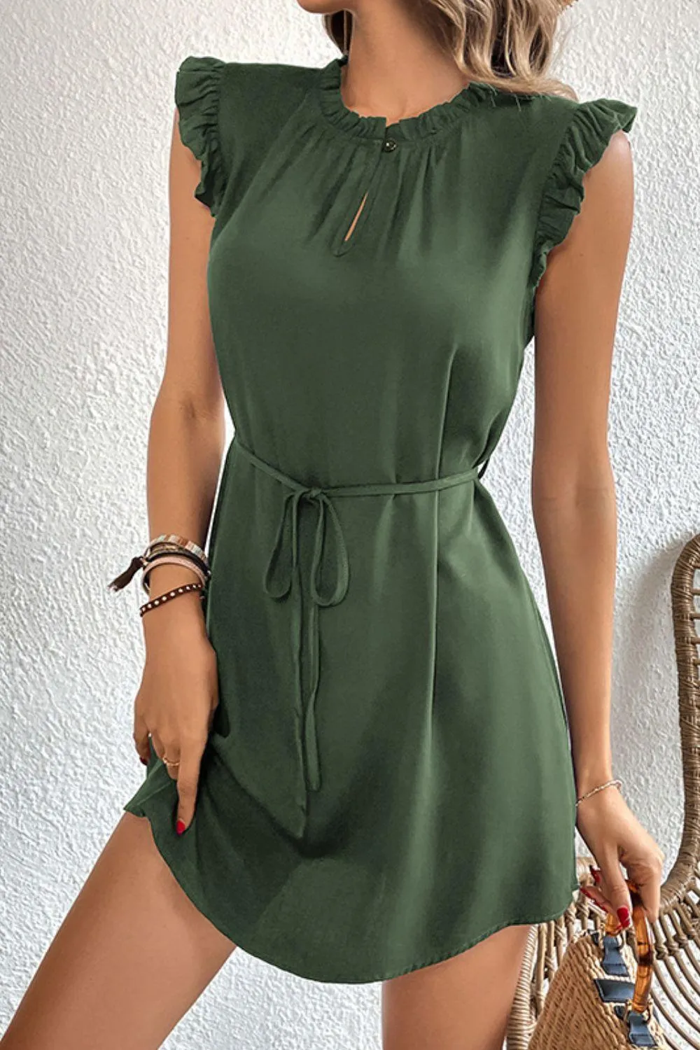 Hazel Blues® | Ruffled Tie-Waist Keyhole Dress