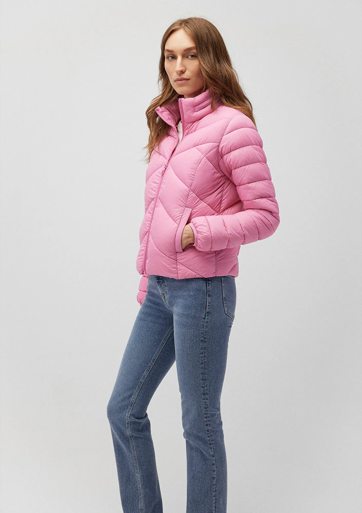 High Collar Pink Puffer Jacket