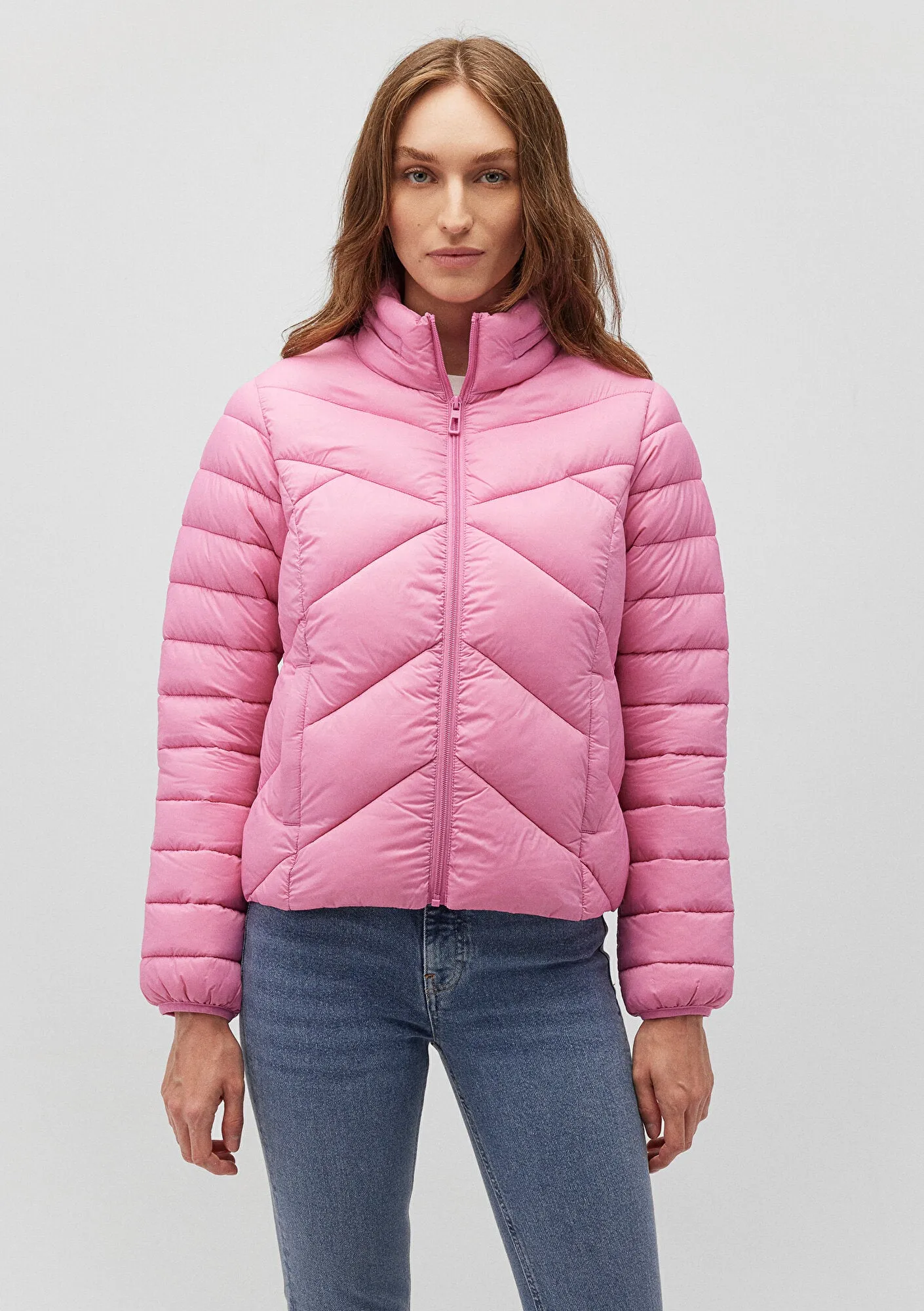 High Collar Pink Puffer Jacket