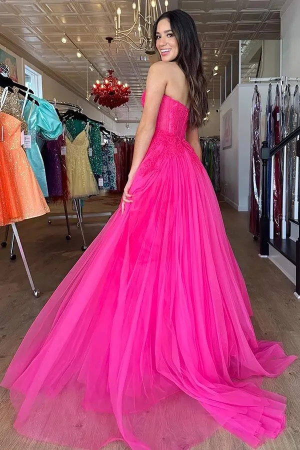 Hot Pink Tiered Tulle Strapless A-line Lace Bodice Long Prom Dresses, MP864