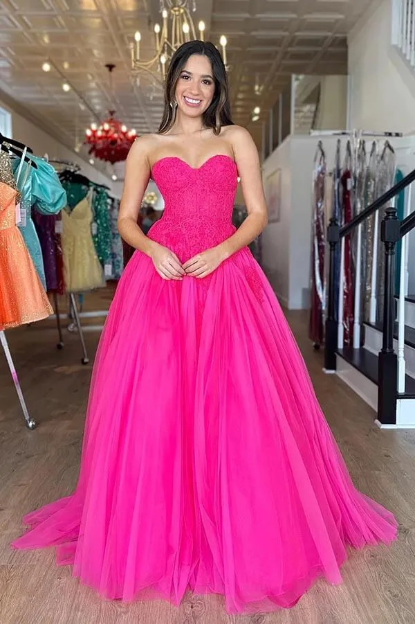 Hot Pink Tiered Tulle Strapless A-line Lace Bodice Long Prom Dresses, MP864