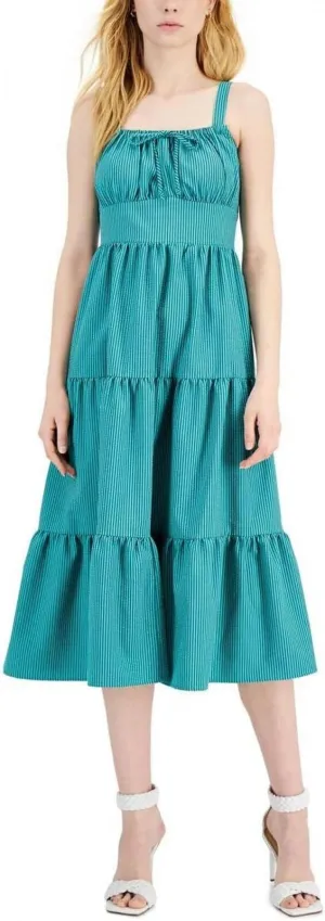 Inc International Concepts Smocked Pullover Tiered Midi Fit Flare Dress Green 10