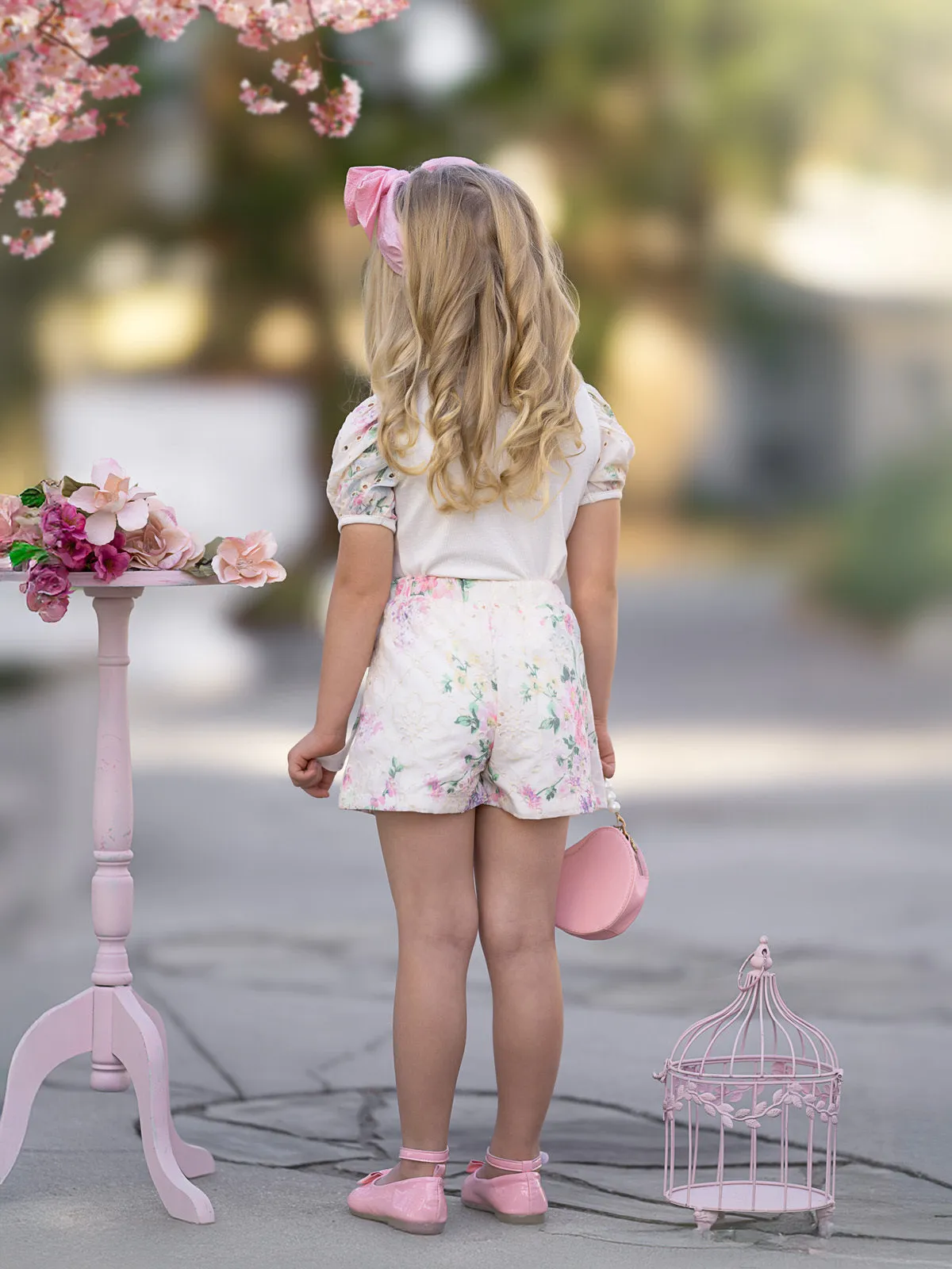 Ivory Floral Puff Sleeve Top and Eyelet Wrap Skort Set