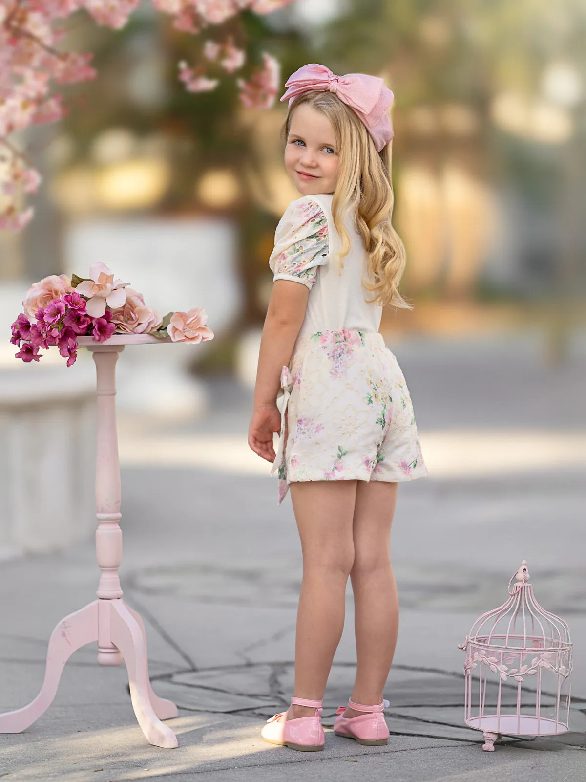Ivory Floral Puff Sleeve Top and Eyelet Wrap Skort Set