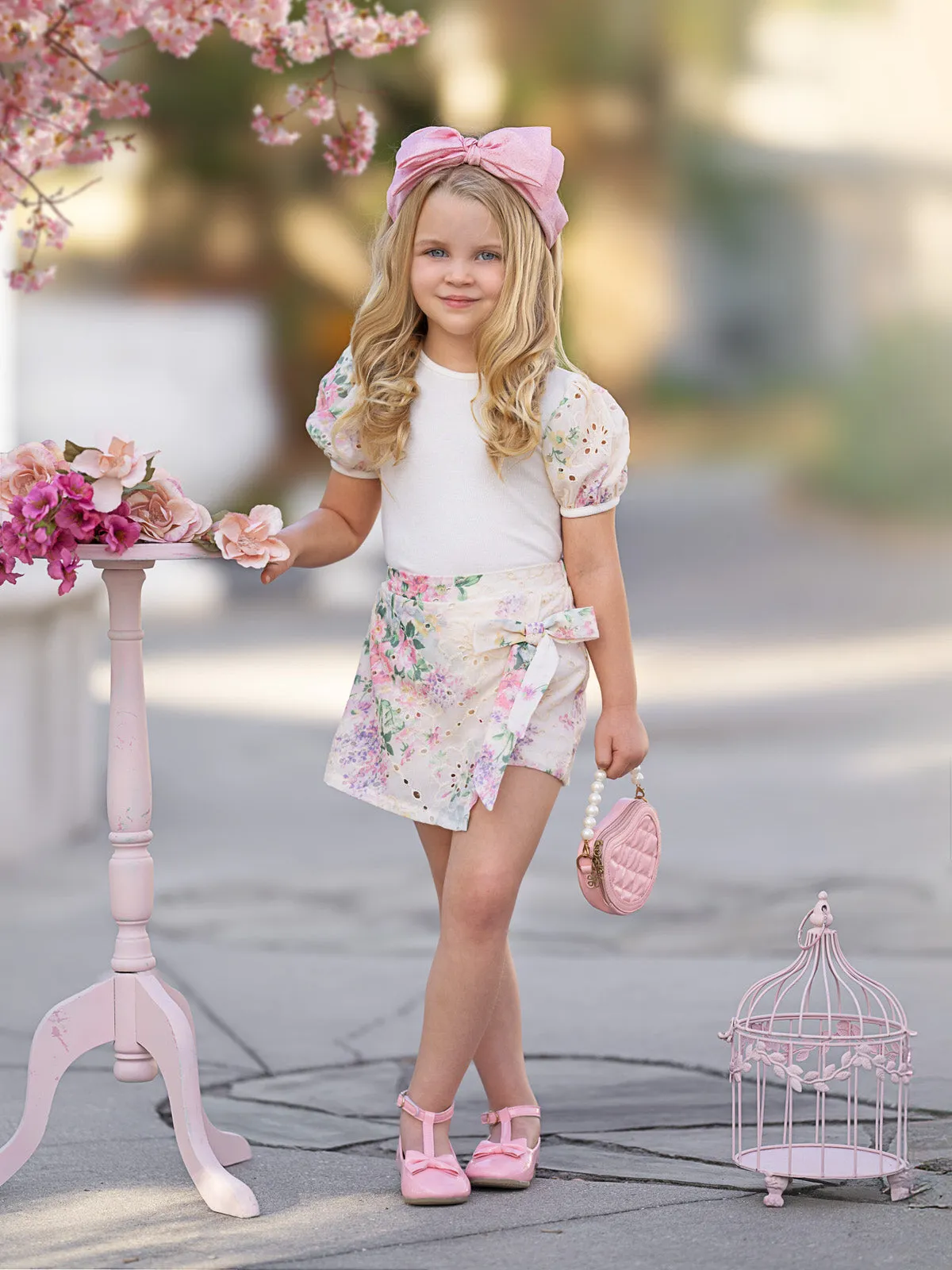 Ivory Floral Puff Sleeve Top and Eyelet Wrap Skort Set