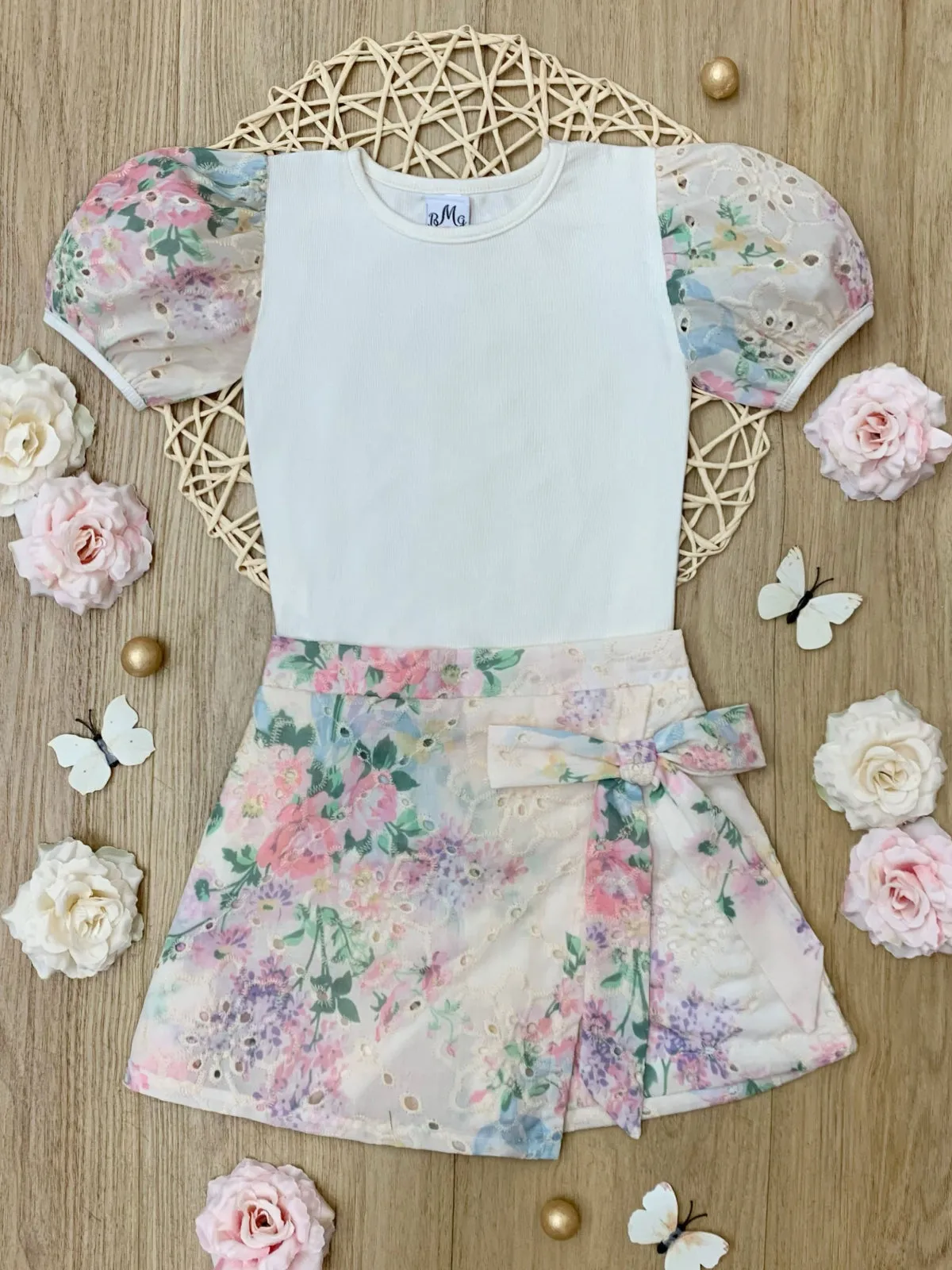 Ivory Floral Puff Sleeve Top and Eyelet Wrap Skort Set