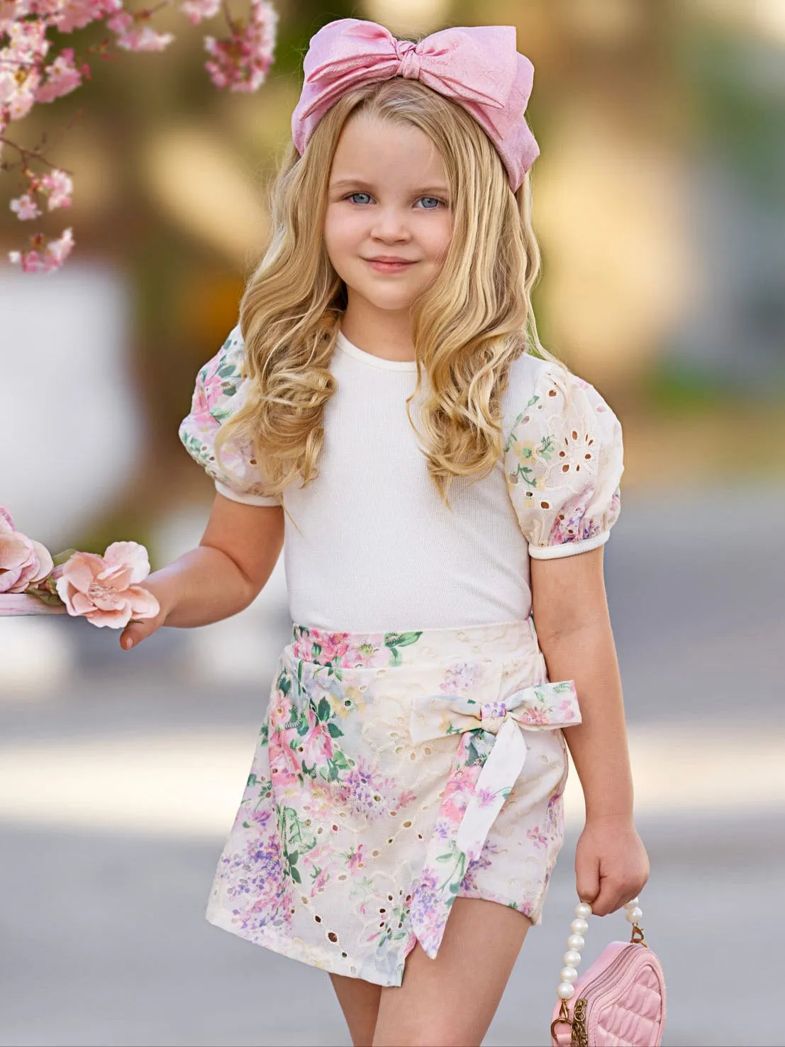 Ivory Floral Puff Sleeve Top and Eyelet Wrap Skort Set