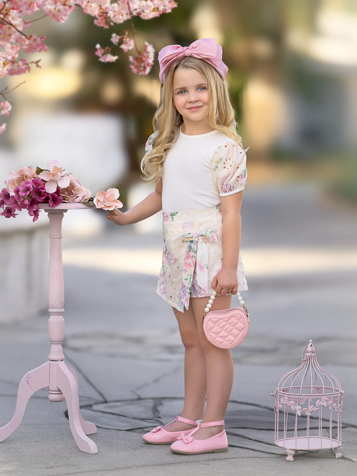 Ivory Floral Puff Sleeve Top and Eyelet Wrap Skort Set
