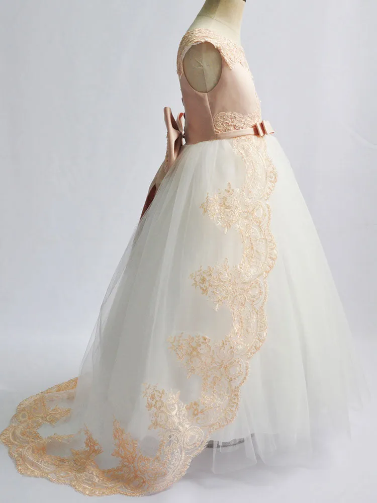 Jewel Neck Satin Fabric Sleeveless With Train Princess Lace Kids Party Dresses