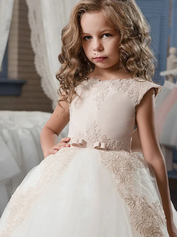 Jewel Neck Satin Fabric Sleeveless With Train Princess Lace Kids Party Dresses