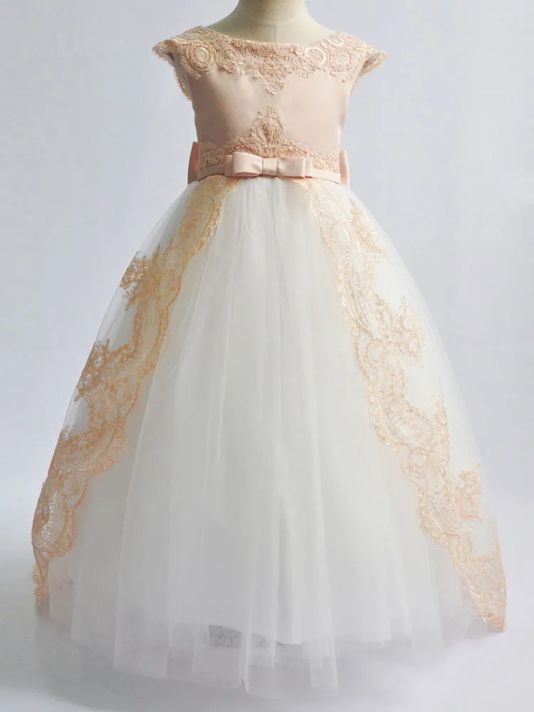 Jewel Neck Satin Fabric Sleeveless With Train Princess Lace Kids Party Dresses
