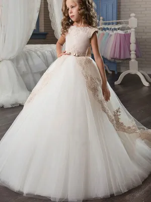 Jewel Neck Satin Fabric Sleeveless With Train Princess Lace Kids Party Dresses