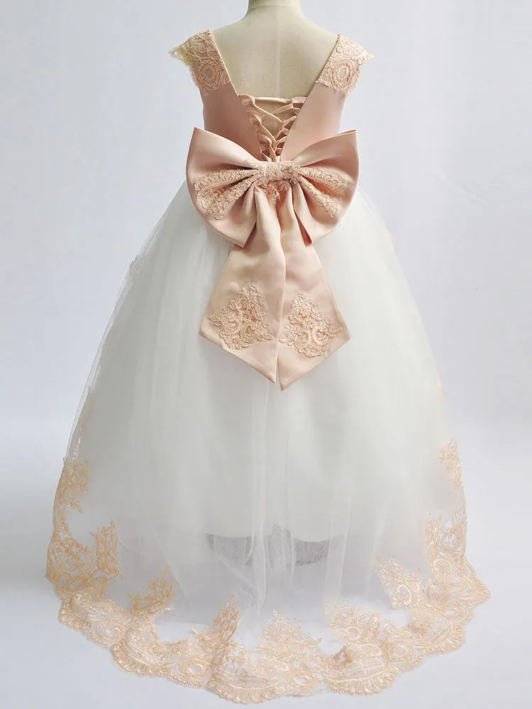 Jewel Neck Satin Fabric Sleeveless With Train Princess Lace Kids Party Dresses
