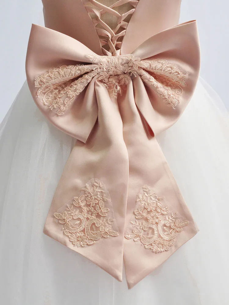 Jewel Neck Satin Fabric Sleeveless With Train Princess Lace Kids Party Dresses