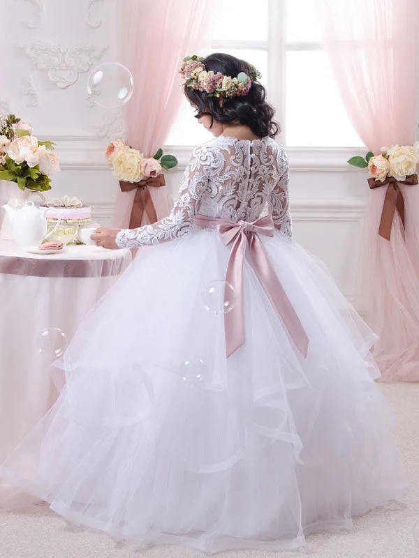 Jewel Neck Tulle Long Sleeves Floor-Length Ball Gown Bows Kids Pageant flower girl dresses