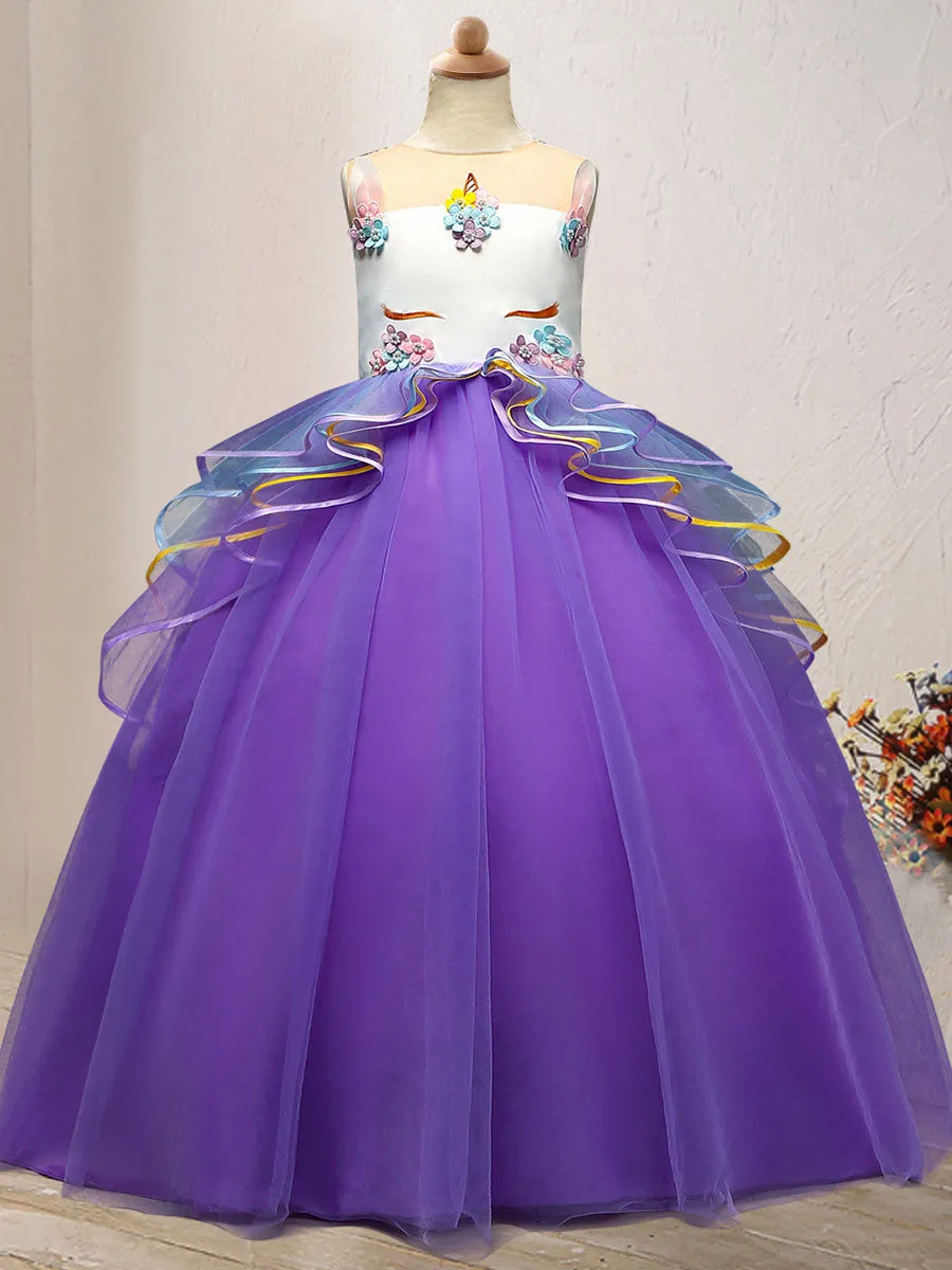Jewel Neck Tulle Sleeveless Ankle Length Princess Embroidered Kids Social Party Dresses