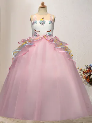 Jewel Neck Tulle Sleeveless Ankle Length Princess Embroidered Kids Social Party Dresses