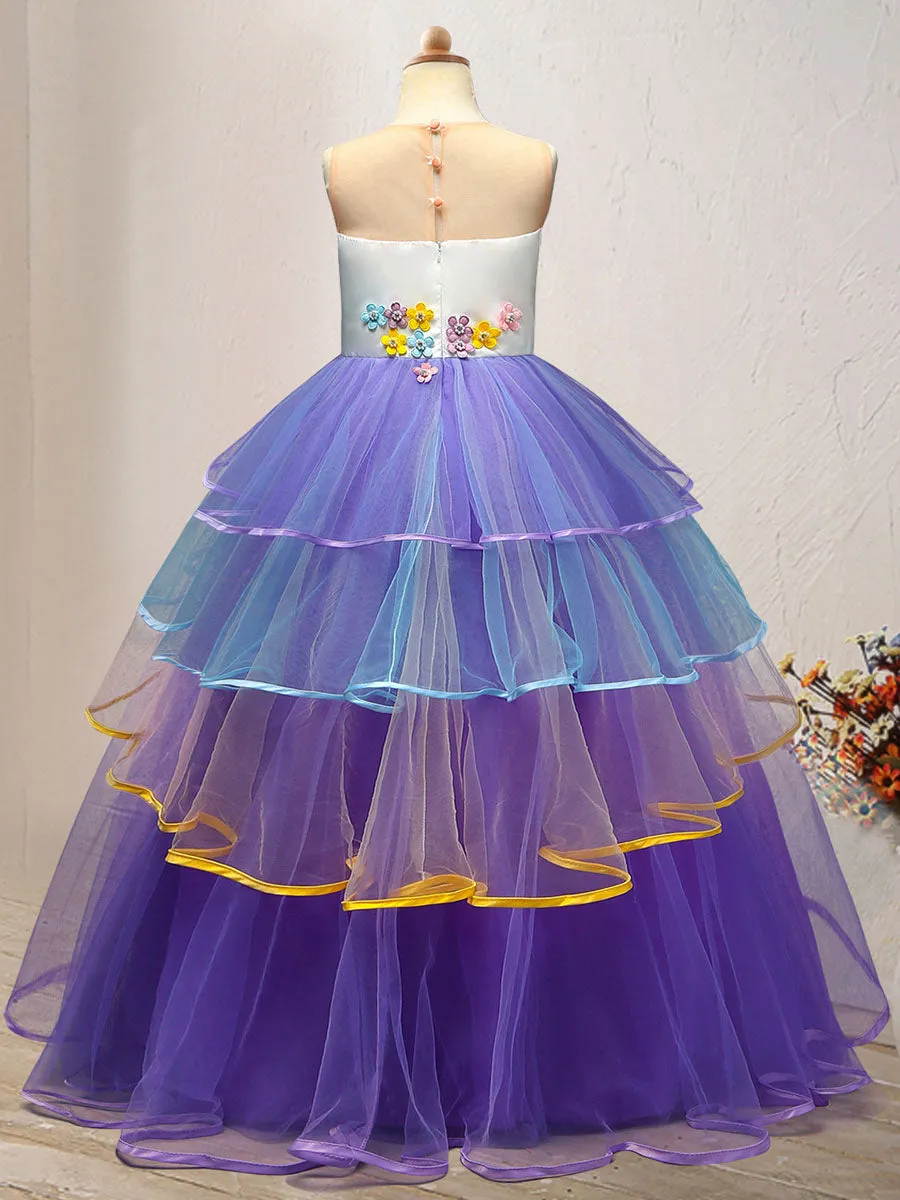 Jewel Neck Tulle Sleeveless Ankle Length Princess Embroidered Kids Social Party Dresses