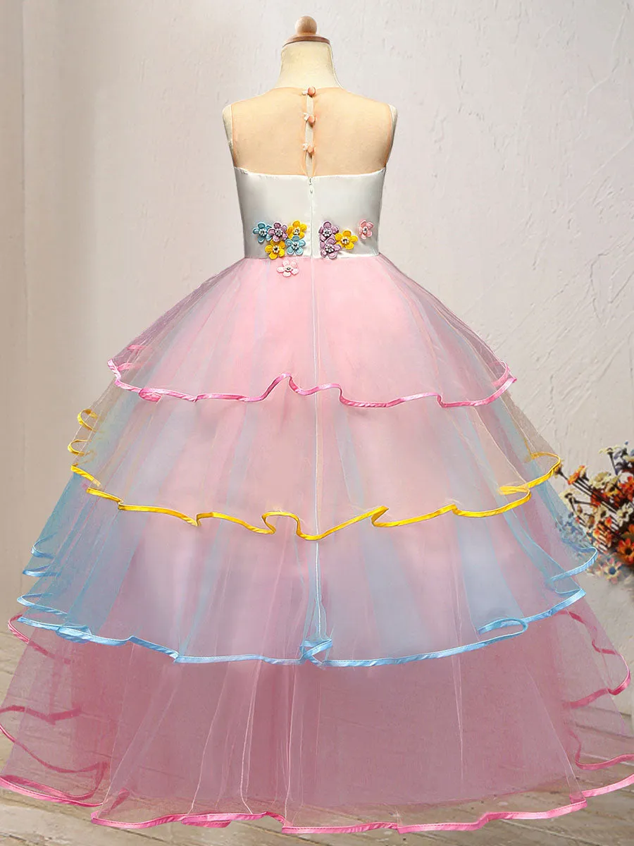 Jewel Neck Tulle Sleeveless Ankle Length Princess Embroidered Kids Social Party Dresses