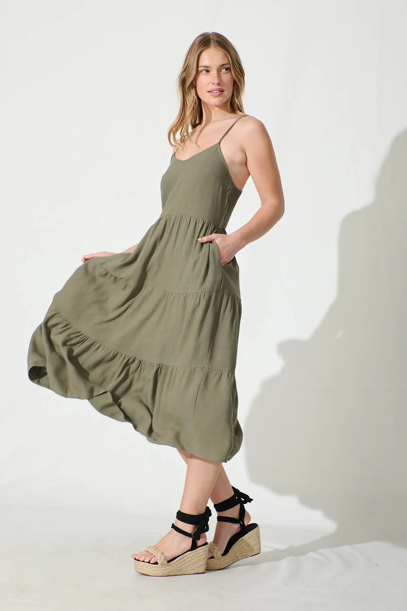 Khaki Linen Blend Midi Sundress for Women