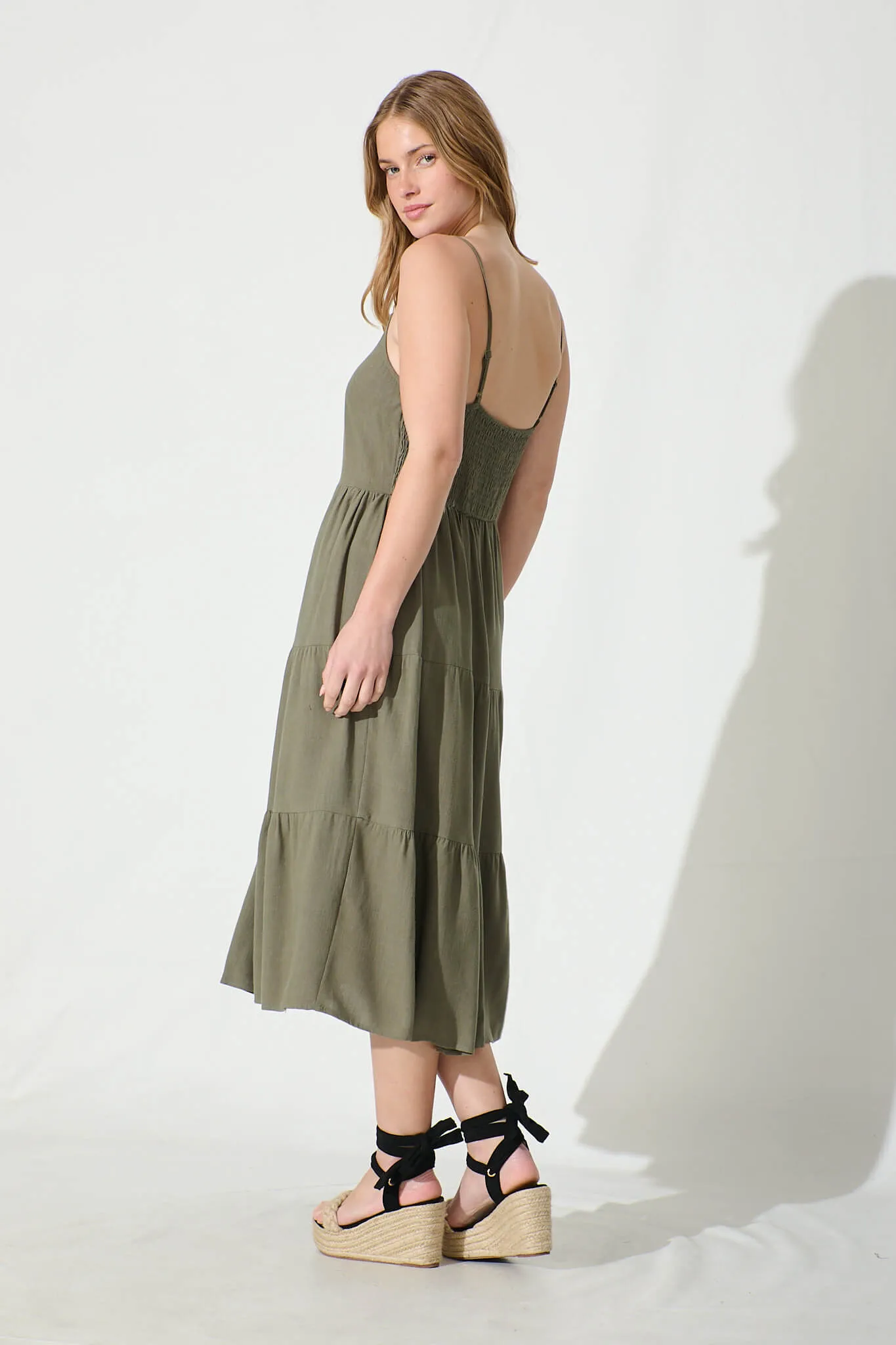 Khaki Linen Blend Midi Sundress for Women