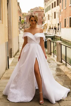 Lace Embroidered White Wedding Gown with Shoulder-to-shoulder Neckline