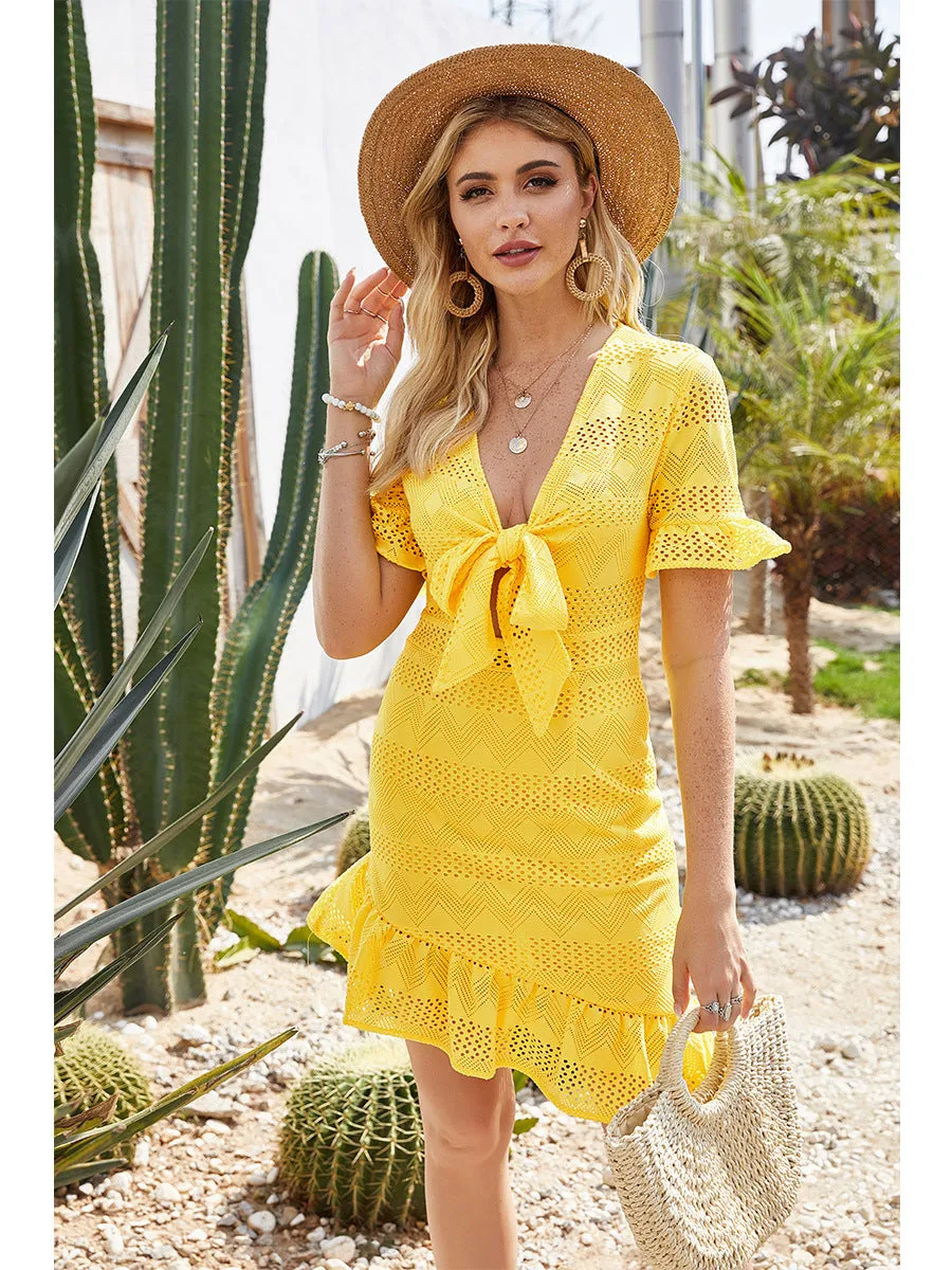 Lace Hollowed-out V-neck Bow Irregular Hem Mini Dresses