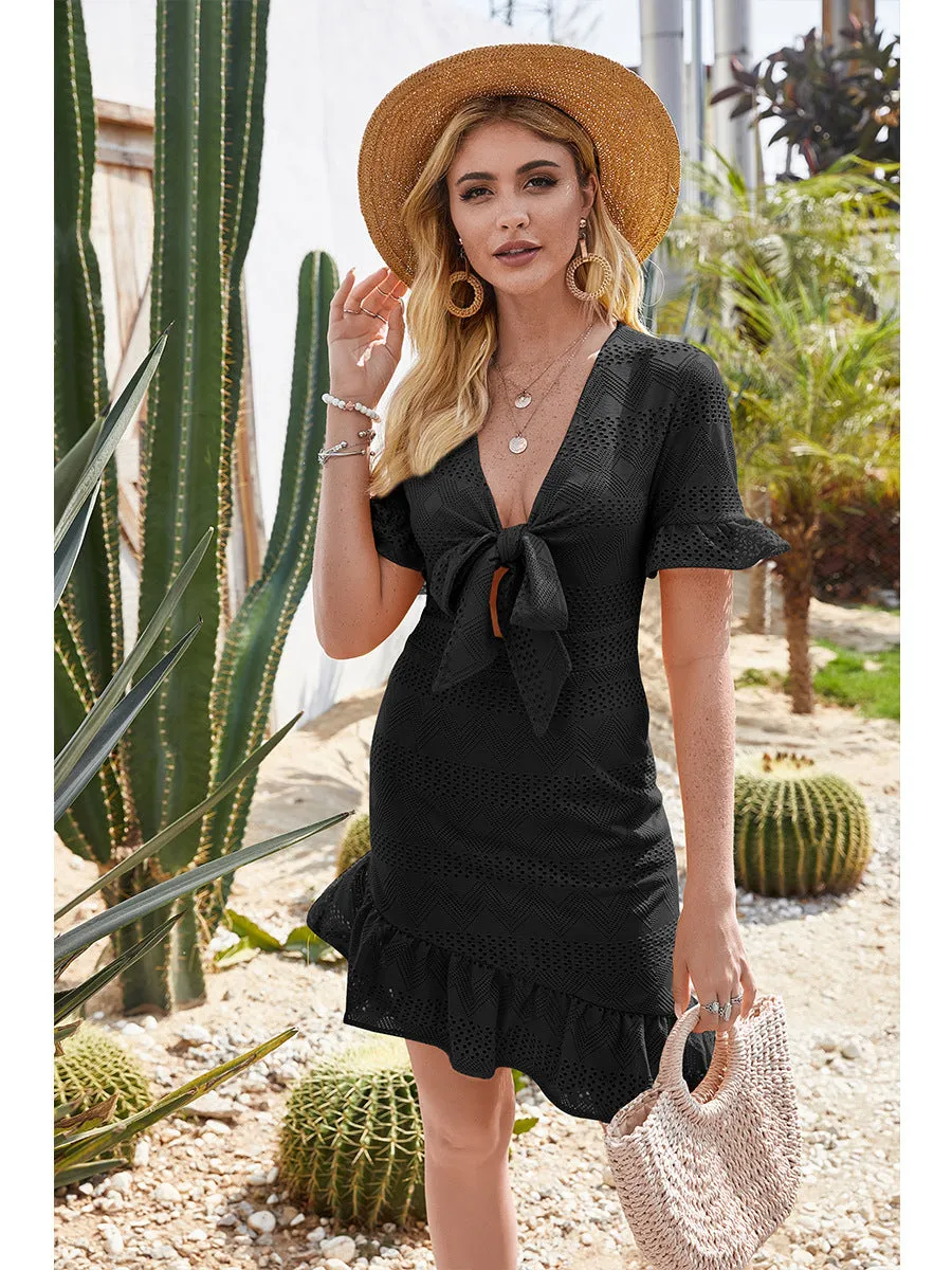 Lace Hollowed-out V-neck Bow Irregular Hem Mini Dresses
