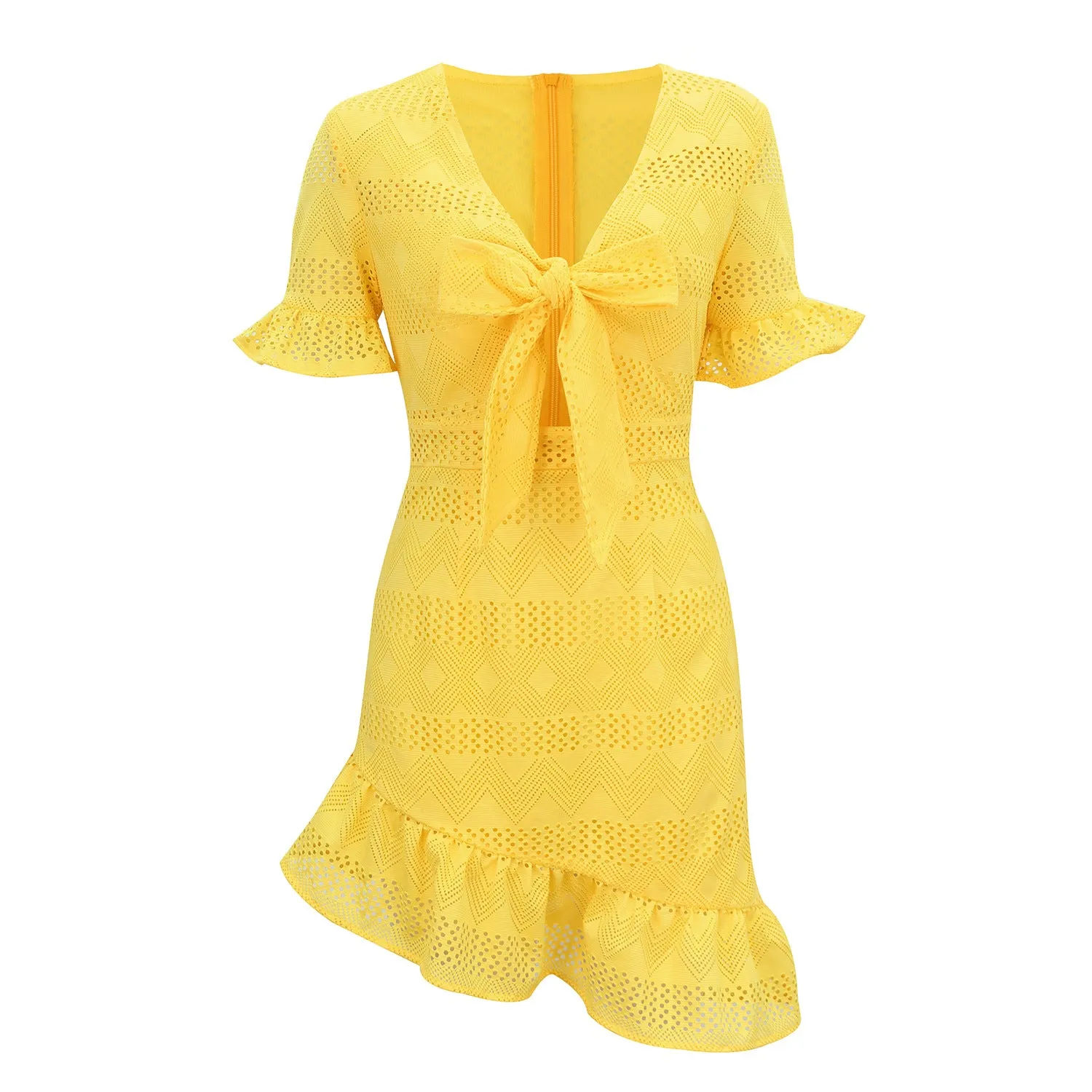 Lace Hollowed-out V-neck Bow Irregular Hem Mini Dresses