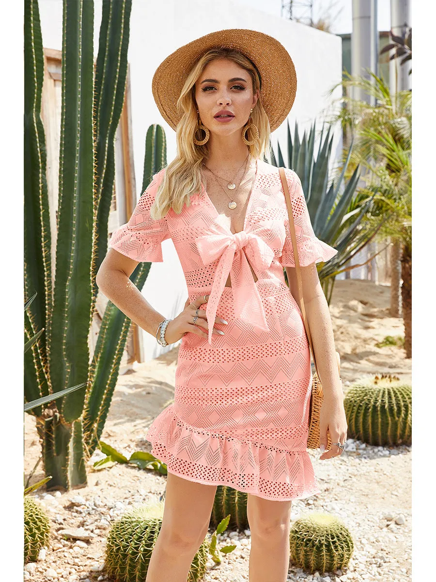 Lace Hollowed-out V-neck Bow Irregular Hem Mini Dresses