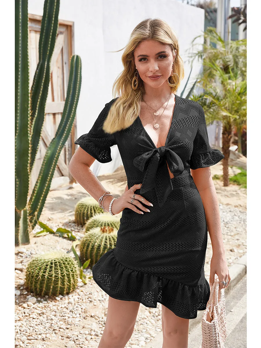 Lace Hollowed-out V-neck Bow Irregular Hem Mini Dresses