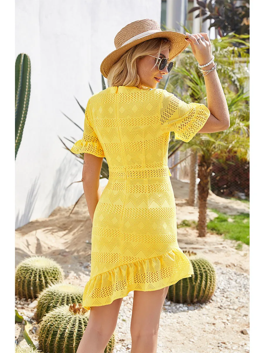 Lace Hollowed-out V-neck Bow Irregular Hem Mini Dresses