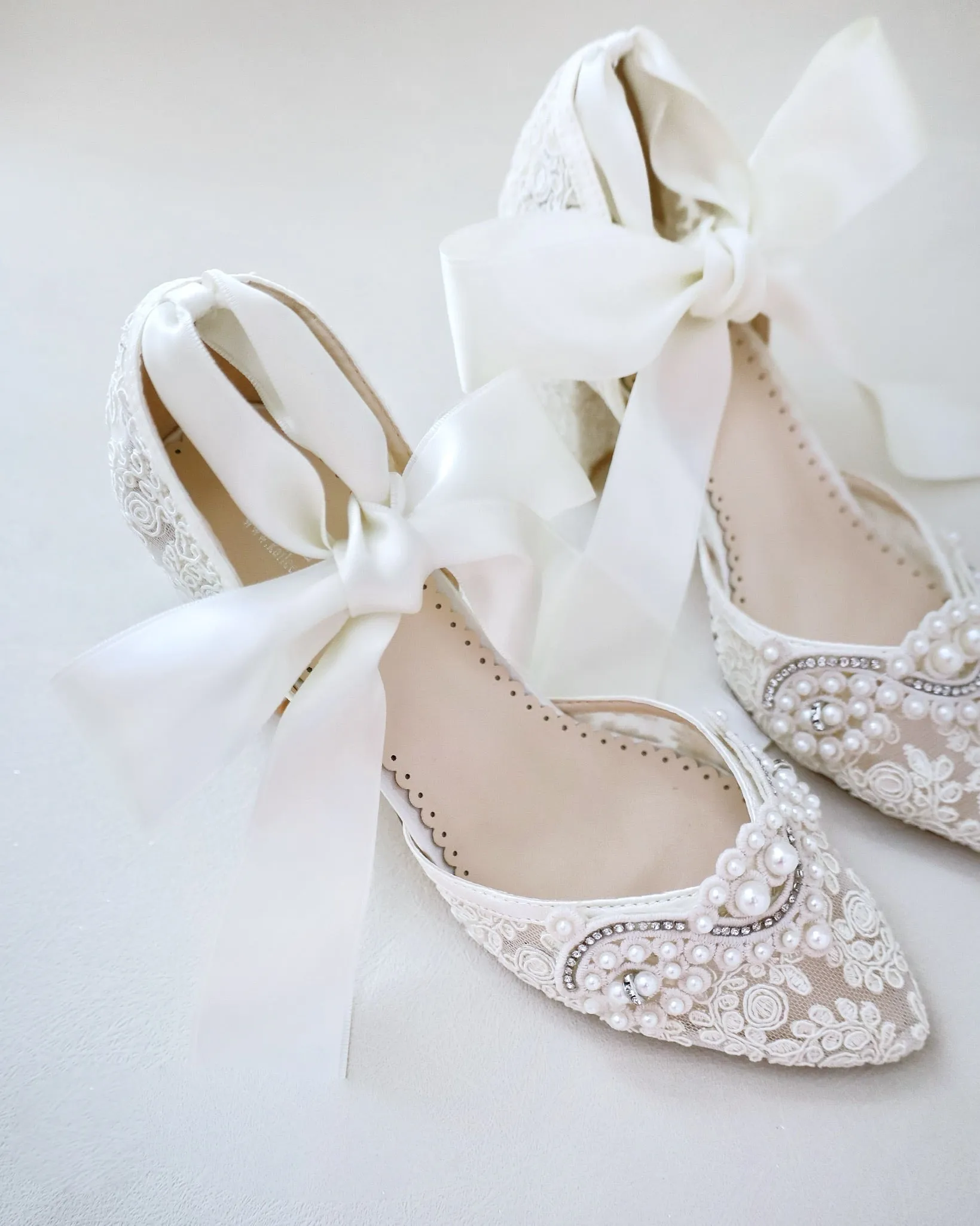 Lace Wedding Block Heel with Pearl Detail