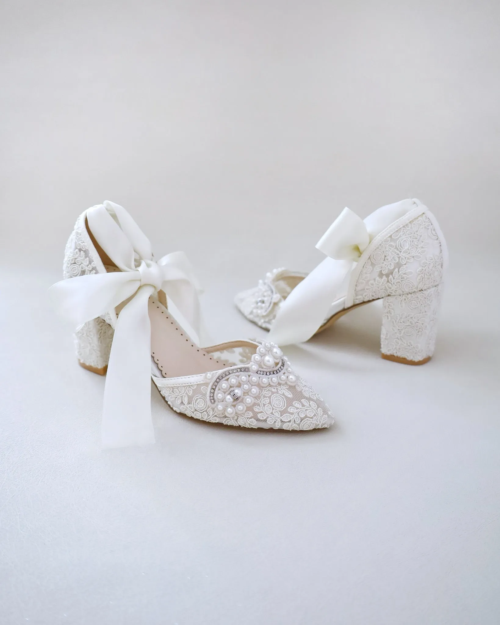 Lace Wedding Block Heel with Pearl Detail