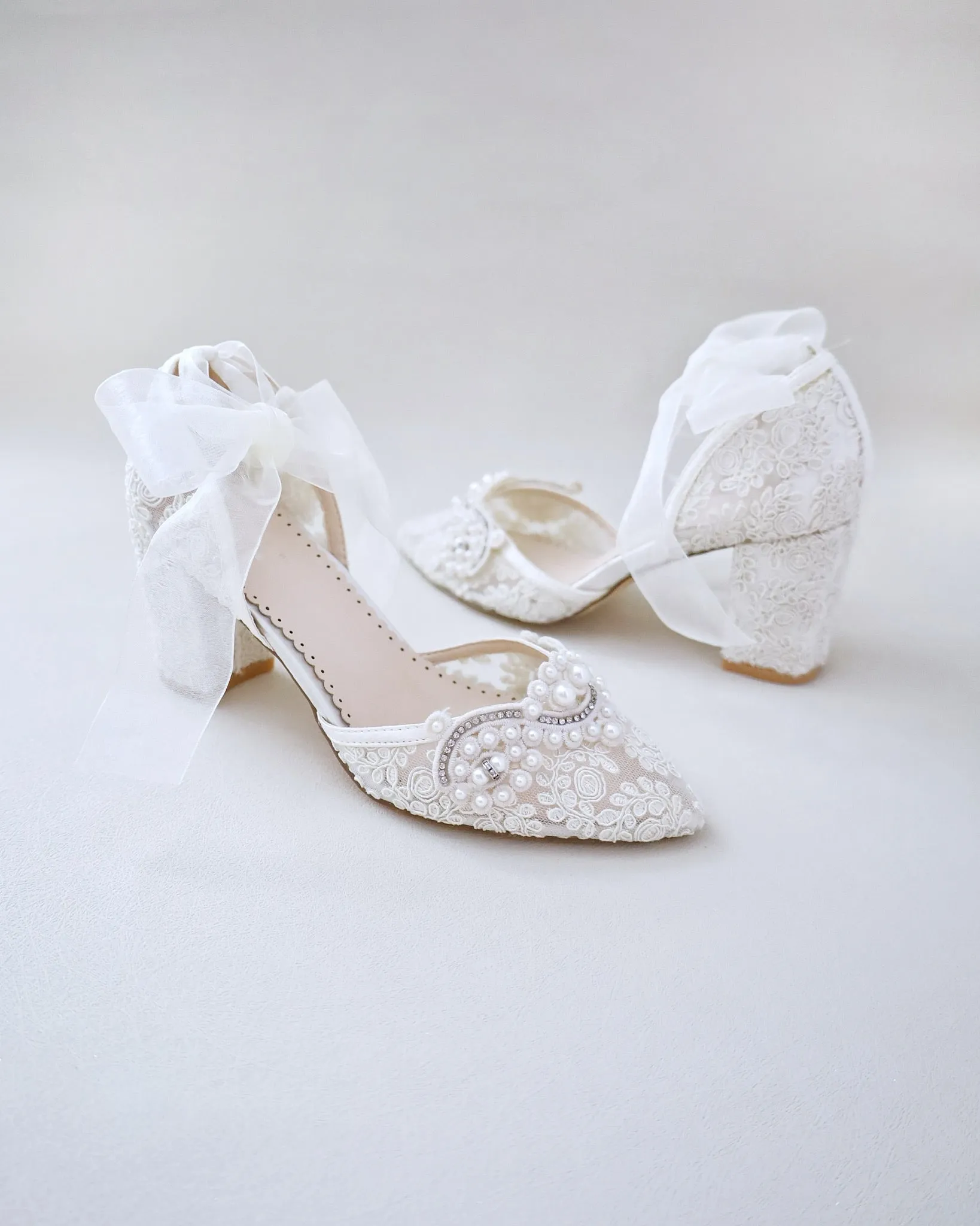 Lace Wedding Block Heel with Pearl Detail