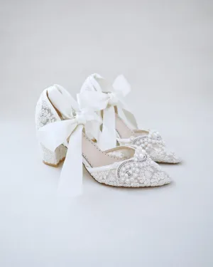 Lace Wedding Block Heel with Pearl Detail