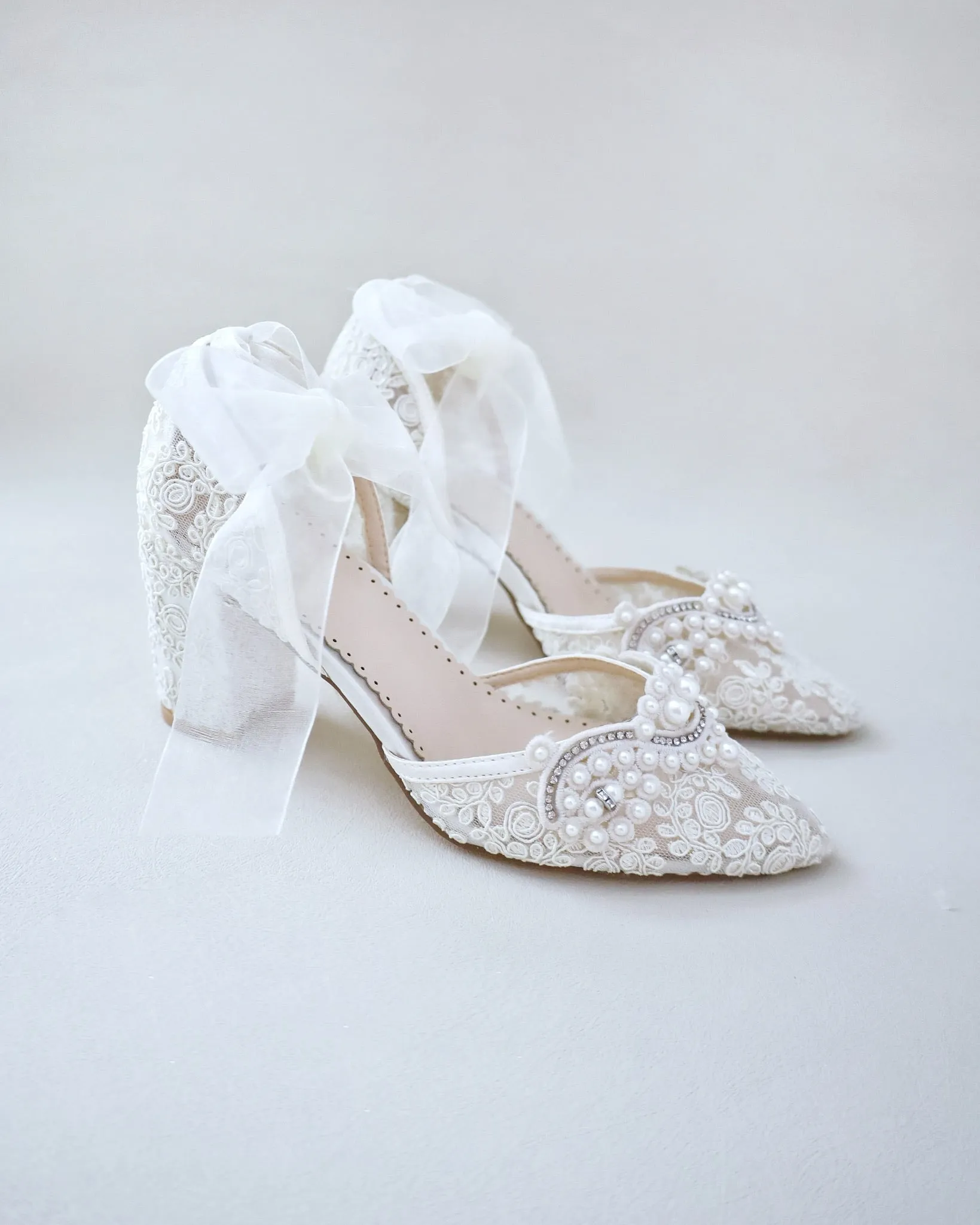 Lace Wedding Block Heel with Pearl Detail
