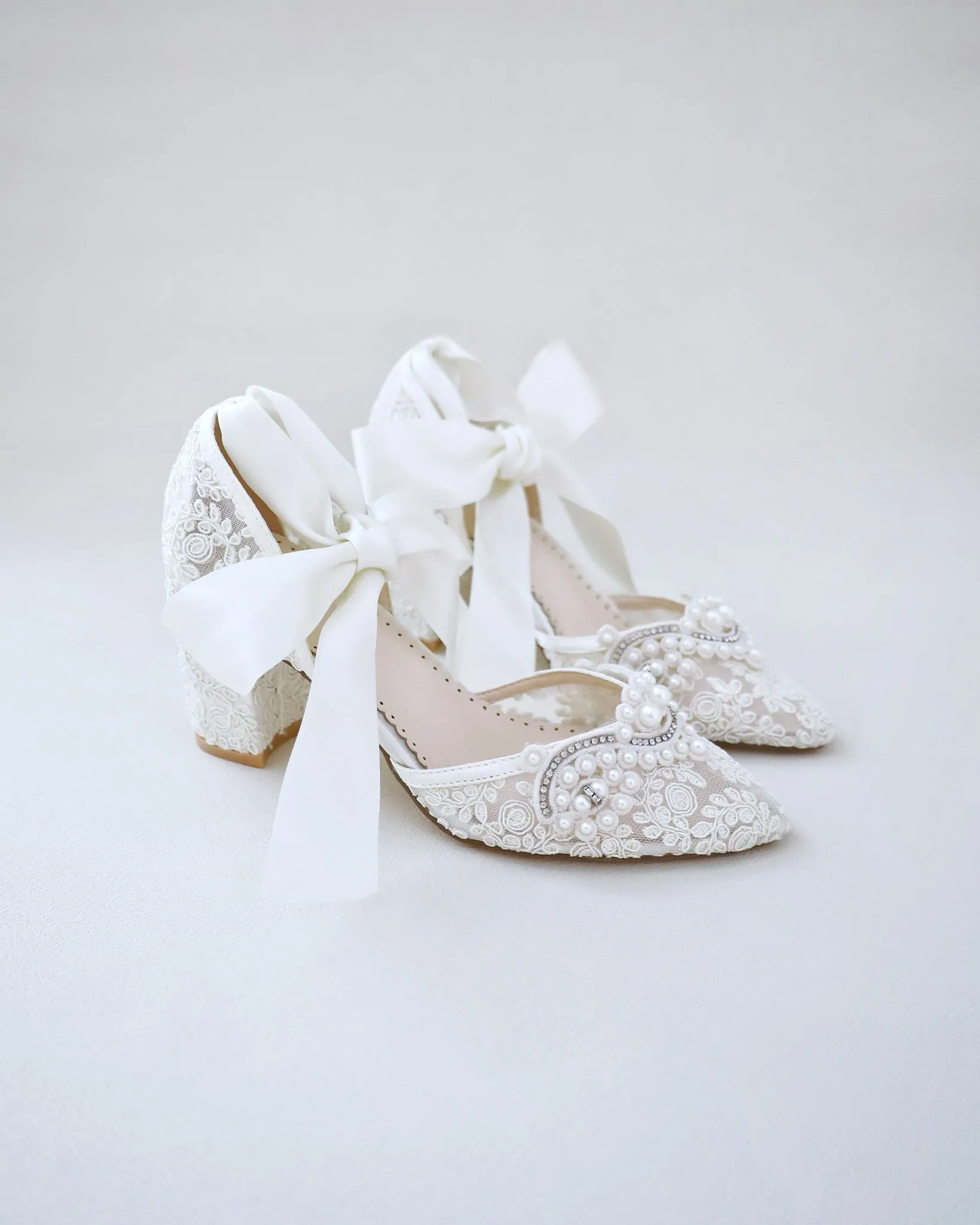 Lace Wedding Block Heel with Pearl Detail
