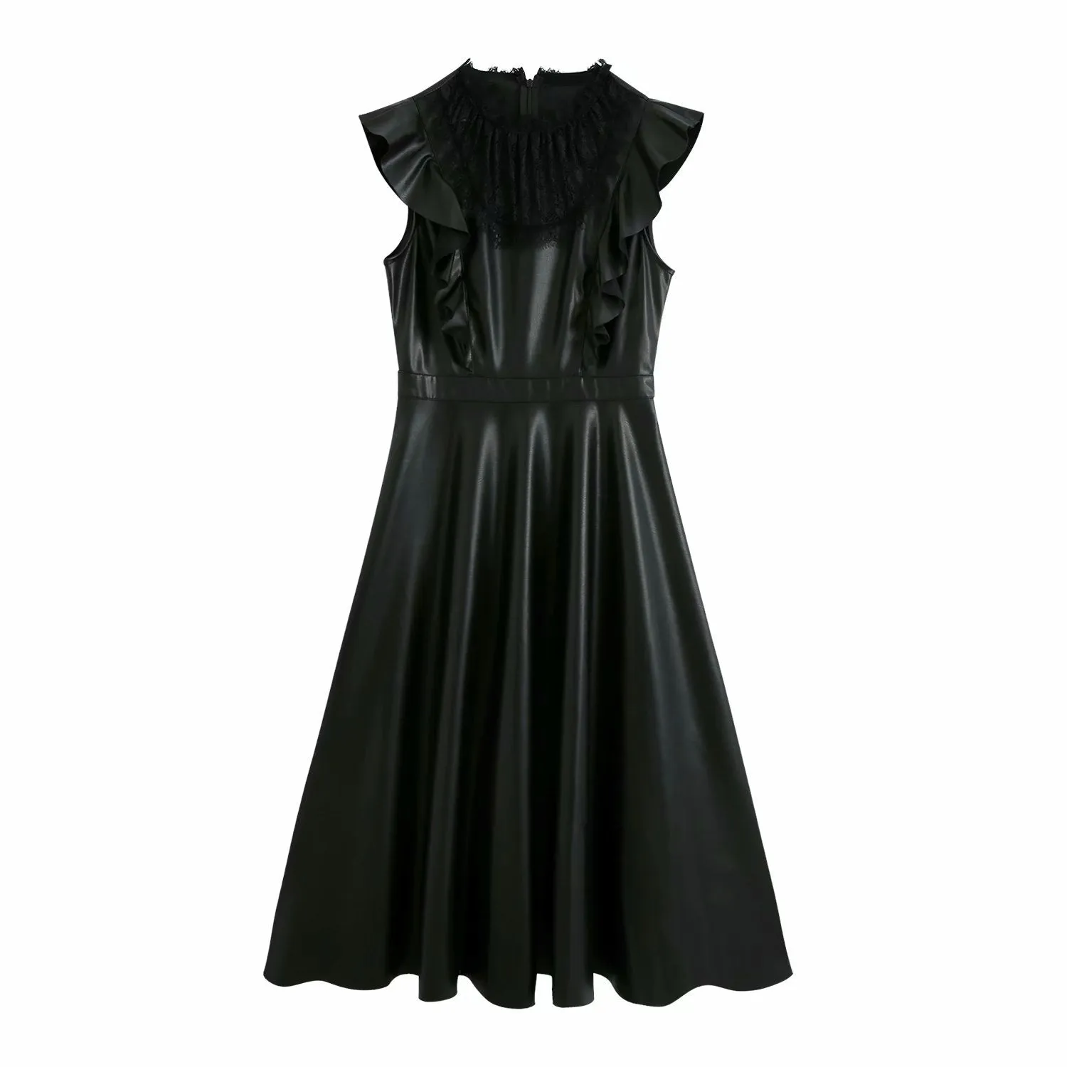 Leather Ruffled Lace Splicing Midi Dresses