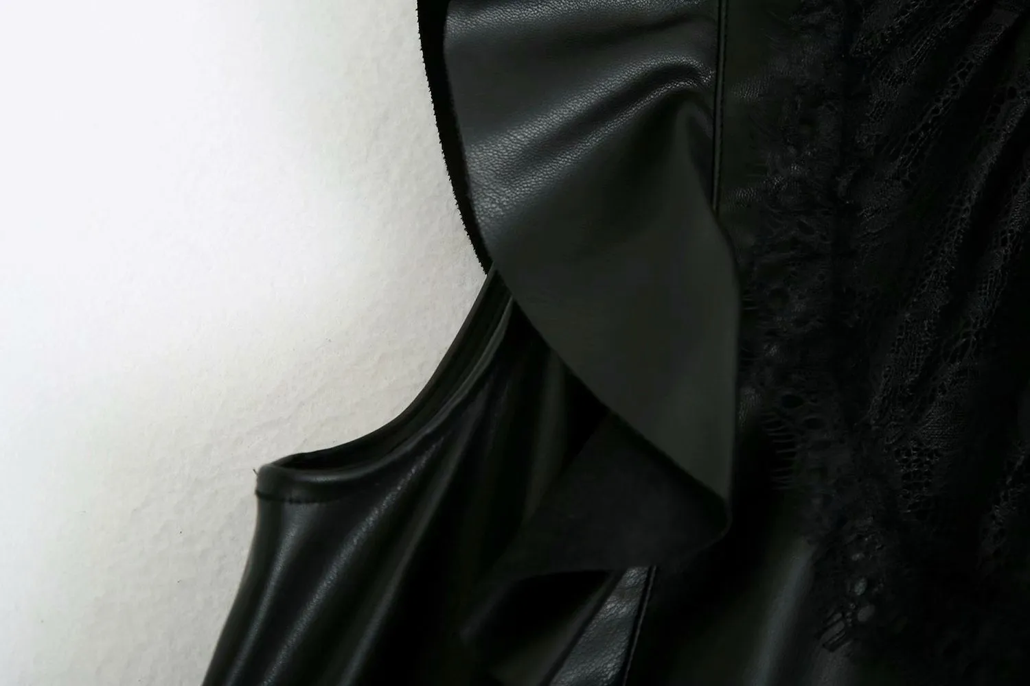 Leather Ruffled Lace Splicing Midi Dresses