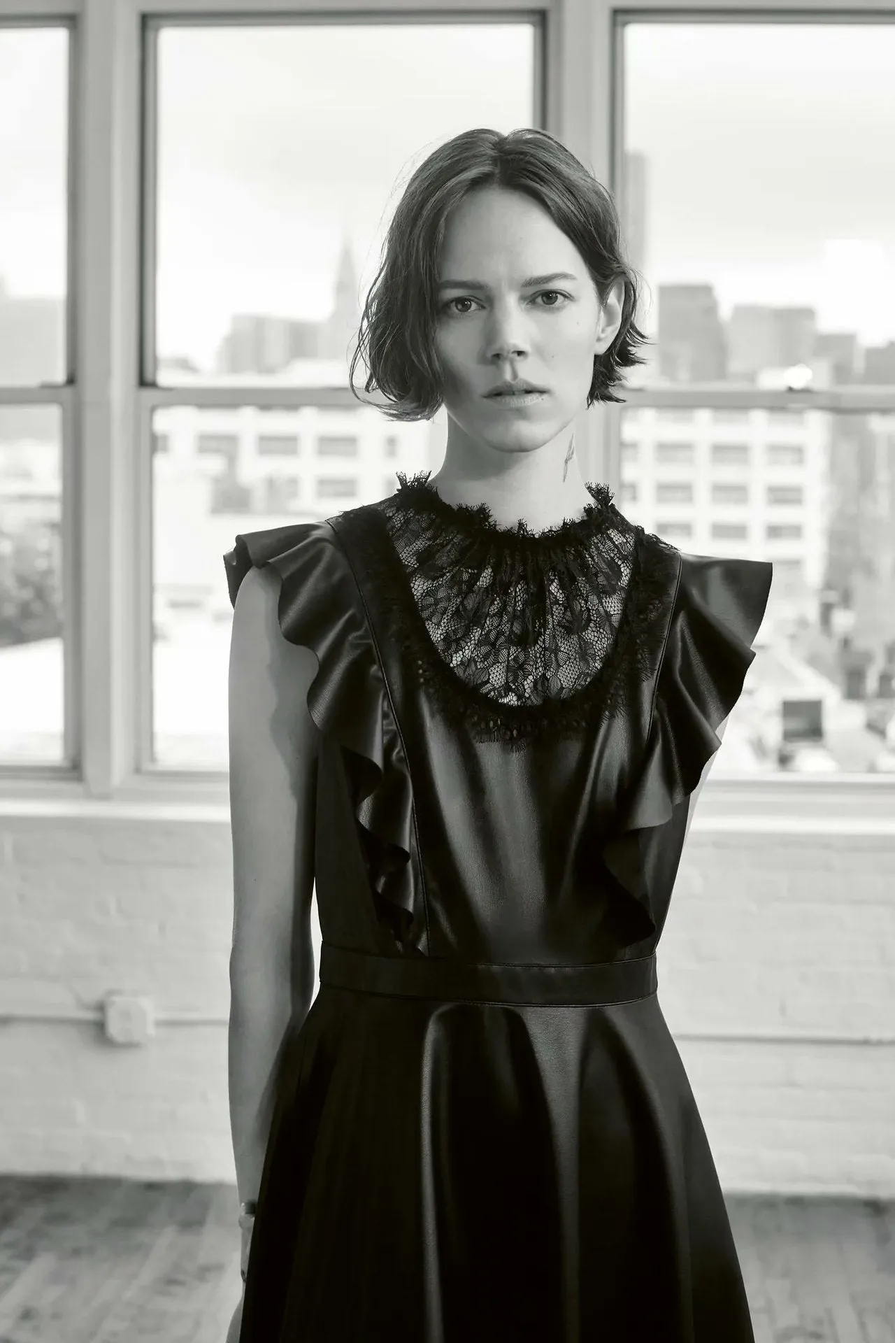 Leather Ruffled Lace Splicing Midi Dresses