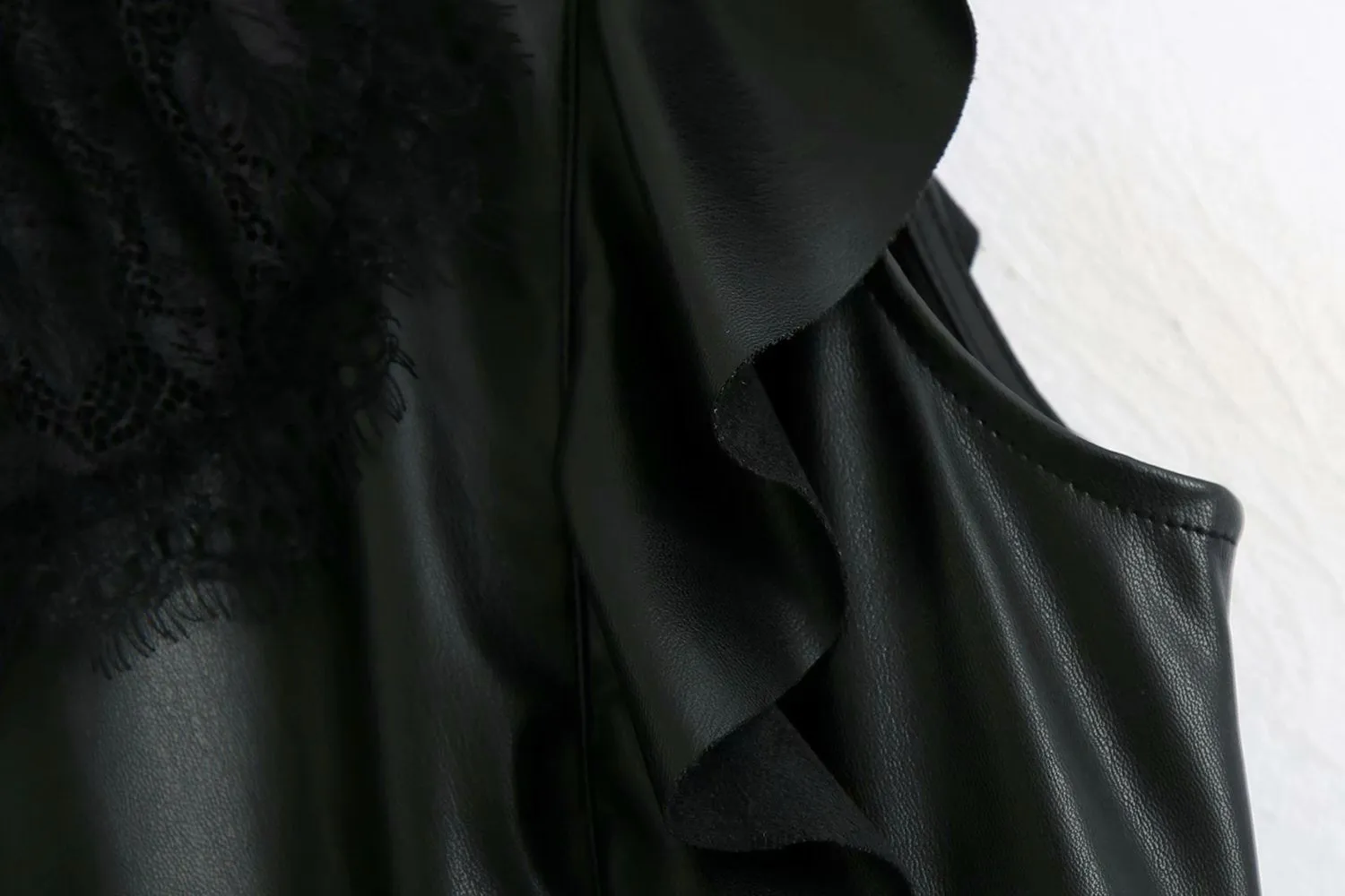 Leather Ruffled Lace Splicing Midi Dresses