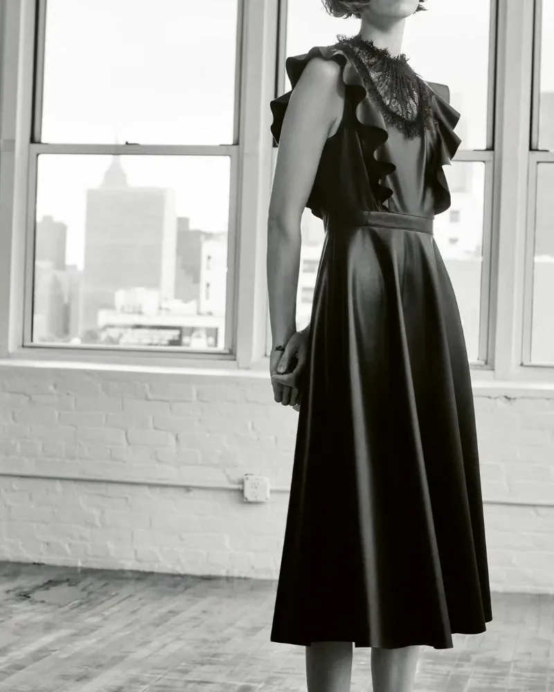 Leather Ruffled Lace Splicing Midi Dresses