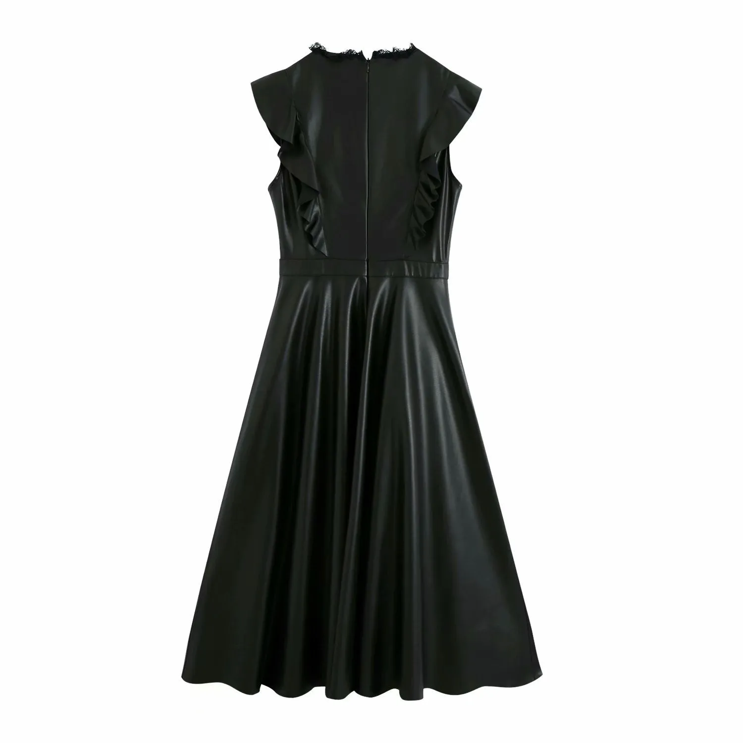 Leather Ruffled Lace Splicing Midi Dresses