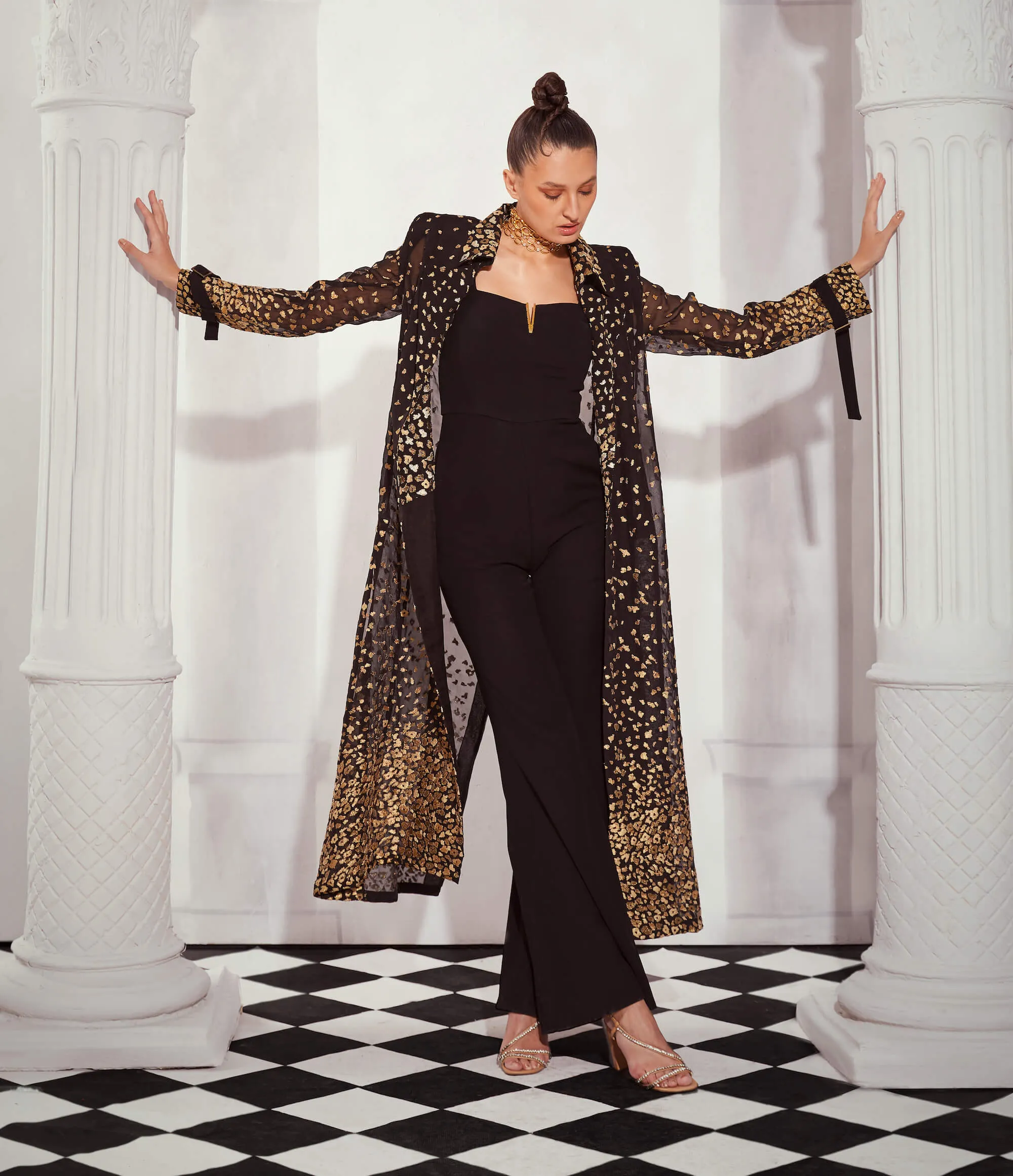 Leopard aari trench and black jumsuit set