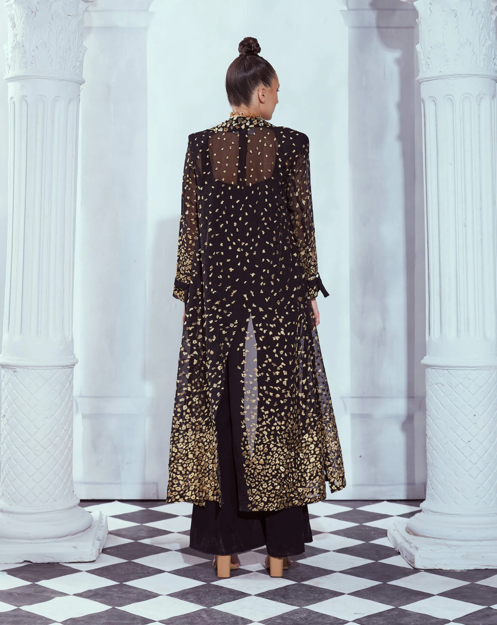 Leopard aari trench and black jumsuit set